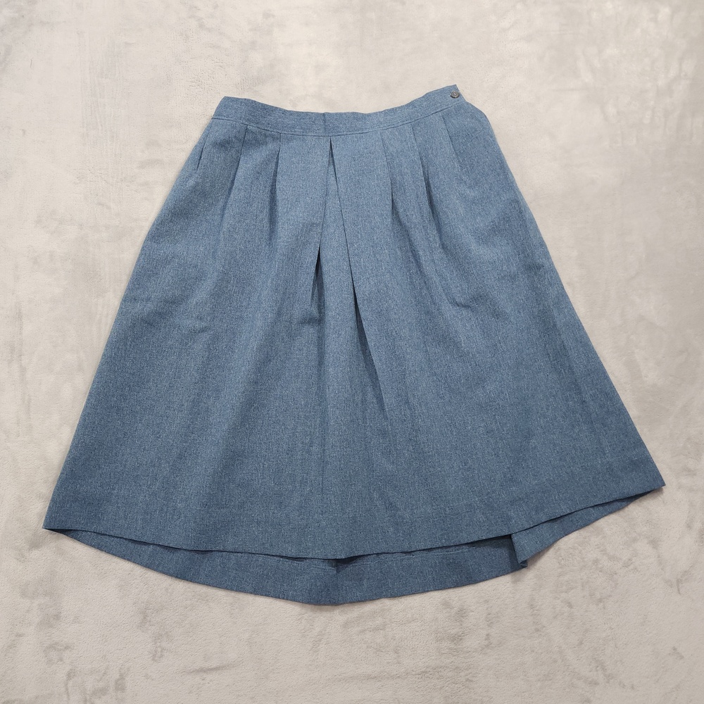 Vintage Skirt Womens L Blue Denim-Like Pleated A-Line Midi Pockets Casual Preppy